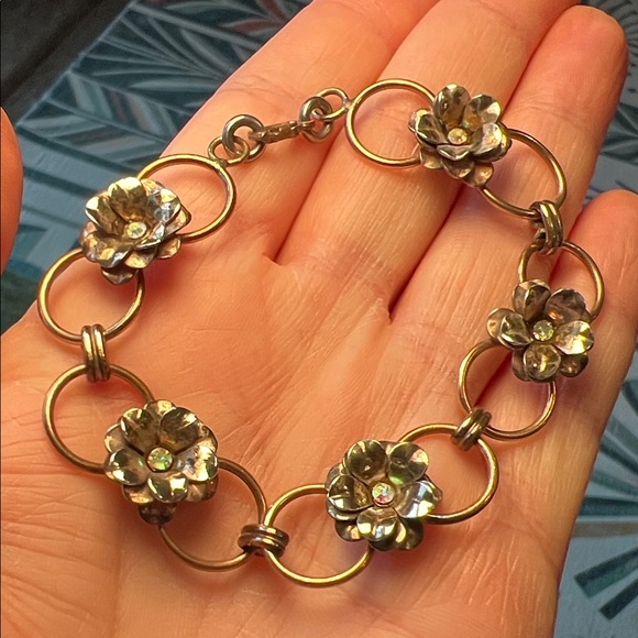 Vintage Jewelry - Vintage Gold Filled Sterling Silver Flower Iridescent Rhinestone Bracelet